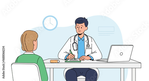 Doctor consulting with a patient at table with laptop. Ideal for medical consultations, healthcare communications, telemedicine, and medical websites.