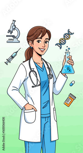 Doctor holding medical tools and a dna model suitable for healthcare, science, genetics, research, and medical concept visuals in design projects.