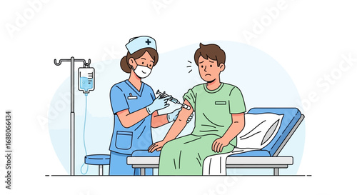 Nervous patient receiving injection by nurse in hospital bed, suitable for healthcare, medical, hospital, injection, patient care concepts.