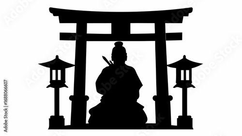 Silhouette of a samurai warrior kneeling beneath a torii gate flanked by traditional japanese lanterns