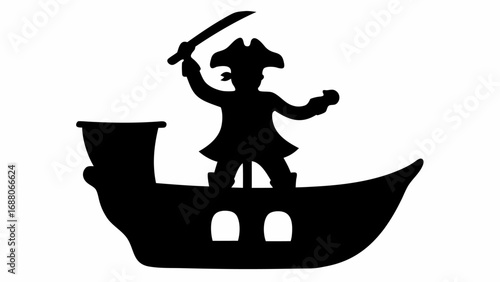 A silhouette of a pirate with a sword and a cannonball standing on a ship with a white background