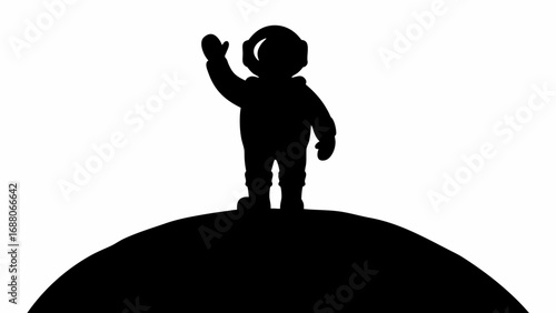 Silhouette of an astronaut waving on a hill against a white background in a simple and minimalist style