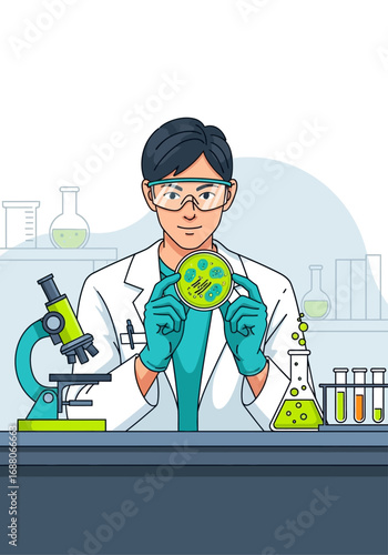 Scientist displays microorganisms in a petri dish, ideal for science labs, research facilities, medical presentations, educational materials, and biologyrelated projects.