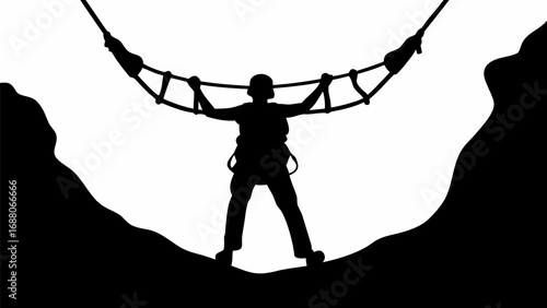 Silhouette of a person on a rope bridge between two cliffs in black and white landscape setting view