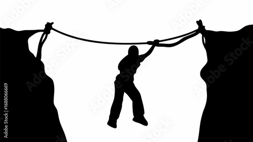 Silhouette of a person crossing a rope bridge between two cliffs in a black and white illustration
