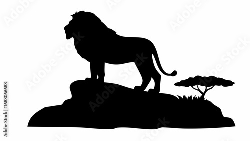 Silhouette of a lion standing on a rock with a tree in the background in a black and white illustration