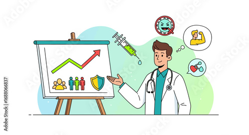 Doctor presenting vaccination data on projector screen. Suitable for medical presentations, vaccine education materials, healthcare blogs, and scientific articles.