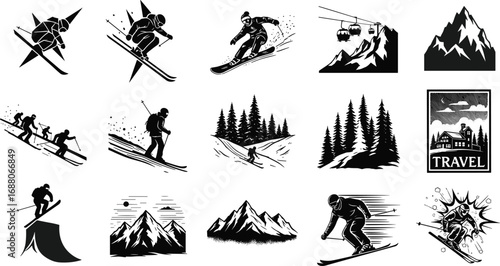 Vector silhouettes of skiers, snowboarders, mountain landscapes, ski lifts, pine trees, ski jumps, winter sports action, and travel adventure scenes.