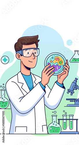 Smiling scientist studies cells in a petri dish in lab setting. Great for science, research, biology, and laboratory concepts.