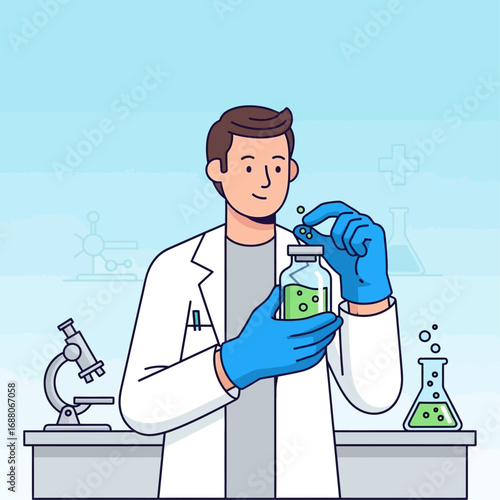 Scientist holding a pill and green liquid sample, suitable for medical research concepts, pharmaceutical studies, and drug development visuals.