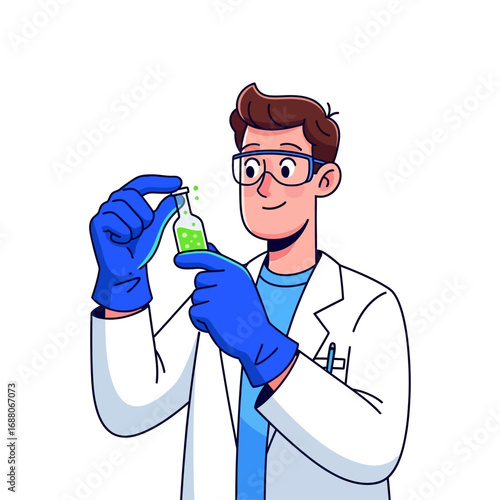Scientist in lab coat with vial. Suitable for science, research, laboratory, chemistry, experimentation, innovation, technology, education, healthcare, and pharmaceutical concepts.