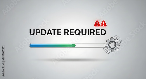 Urgent software update required now with progress bar and warning icons for system maintenance