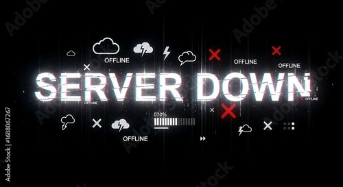 Urgent server down alert glitches with offline icons and progress bar, signaling system failure