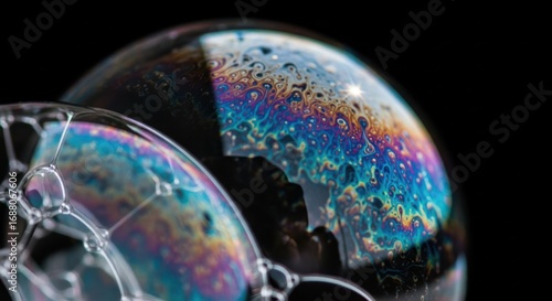 Closeup of iridescent soap bubbles with swirling colors against a black backdrop