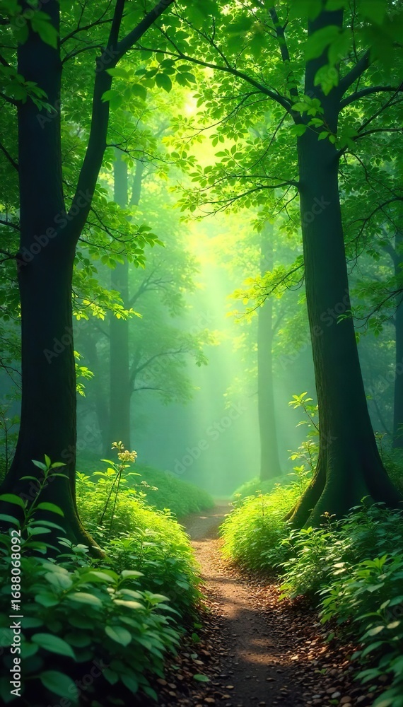 Obraz premium Lush green forest canopy, dappled sunlight filtering through leaves, creating a magical, serene atmosphere Perfect for nature, environment, and travel themes , woodland, vegetation, trees