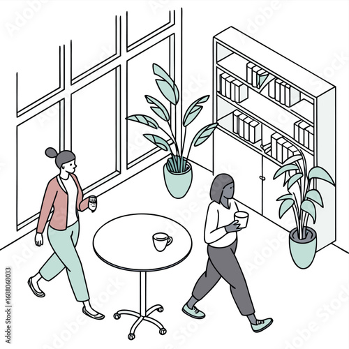 Vector art of two women taking a coffee break in a modern office, engaging in conversation near a table and plants