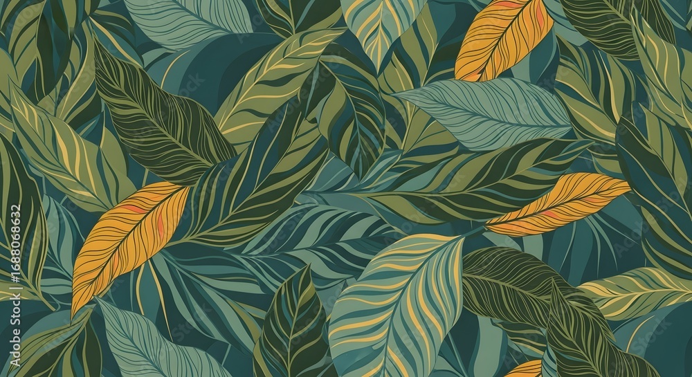 Fototapeta premium A vibrant and detailed illustration of lush tropical leaves in various shades of green and yellow, creating a dense, naturalistic pattern.
