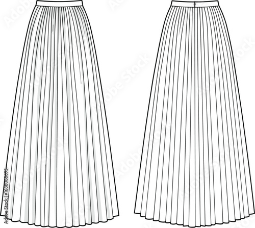 CAD drawing flat vector illustration of a pleated maxi skirt front and back view, fashion design technical sketch template