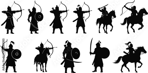 Ancient warriors silhouettes, archers and horsemen, medieval battle poses, swords and bows, historical soldiers, horseback archery, warrior armor, vintage combat