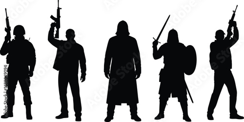 Silhouette vector illustration of armed soldiers, warriors, and medieval fighters holding guns and swords for battle, war, and combat design.