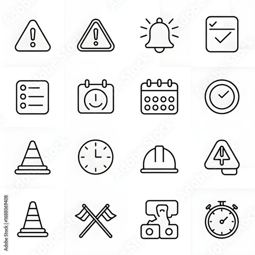 Essential Safety and Time Management Icons Set | Warning, Alert, Calendar, Clock, Tools, Stopwatch, Construction, Maintenance, Alert Symbols