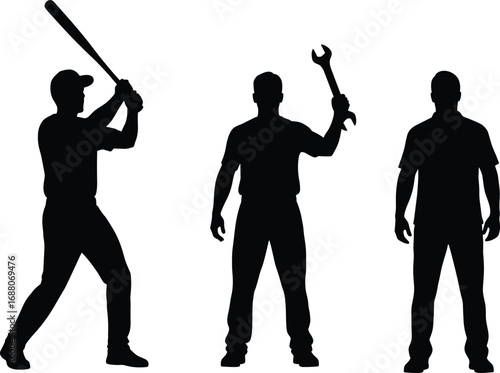 Silhouette vector illustration of standing men, including baseball player and mechanic holding wrench, representing sports and industrial professions