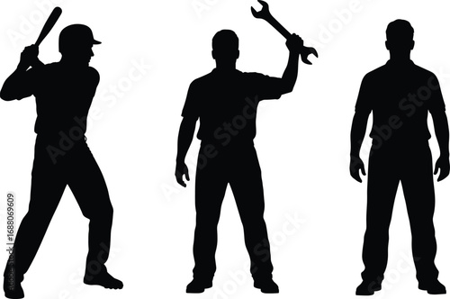 Silhouette vector illustration of male workers and baseball player, standing poses with tools and bat, professional occupation design element