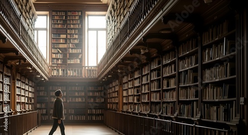 A lone person walks through a grand, sunlit library filled with towering bookshelves, evoking a sense of wonder and knowledge.