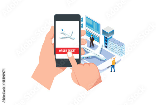 Modern Isometric E-Ticket Reservation Mobile App Illustration, Web Banners, Suitable for Diagrams, Infographics, Book Illustration, Game Asset, And Other Graphic Related Assets