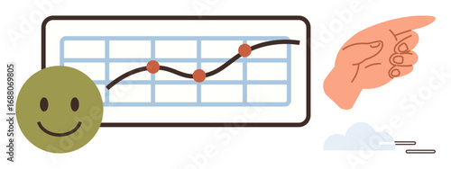 happy face with upward graph and pointing hand symbolizing success, progress, and motivation. Ideal for business, data analysis, success, teamwork, motivation planning growth concepts. Simple flat