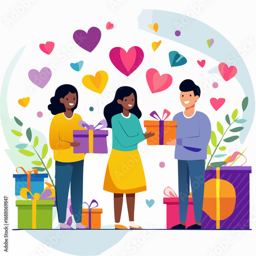 Gift Exchange of Generosity: An illustrated scene of people exchanging gifts amid floating hearts. Celebrating the act of giving and sharing, full of warmth and affection. 