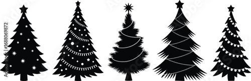 Set of Five Silhouette Christmas Trees with Stars and Garland Decorations Perfect for Holiday Vector Designs and Seasonal Projects