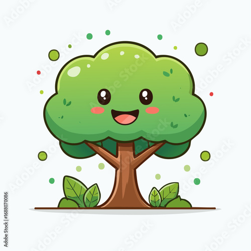 Cheerful Cartoon Tree: A charming and whimsical illustration of a vibrant green cartoon tree with a happy face, radiates joy, representing nature in a friendly style. 