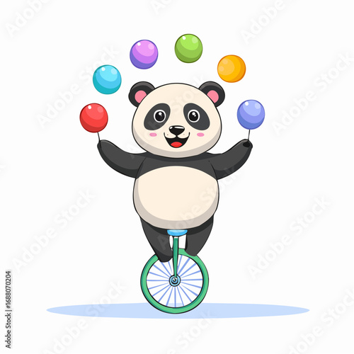 Panda Performing in the Circus: A playful panda balancing on a unicycle while juggling colorful balls, creating a whimsical and entertaining spectacle.