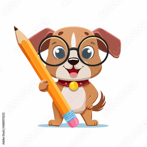 Clever Pup with Pencil: A charming cartoon puppy sports glasses, and confidently holds a big pencil, it's playful demeanor embodies creativity and intellect.