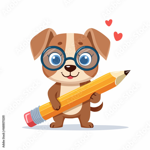 The Intelligent Pup with a Pencil: A delightful cartoon illustration of a clever puppy, adorably sporting glasses and clutching a pencil, exuding a sense of creativity and imagination.
