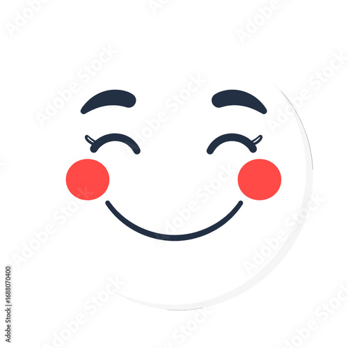 Stylized White Emoji Face with Red Cheeks and Smiling Mouth Isolated on White Background Cute Graphic Design with Rounded Features