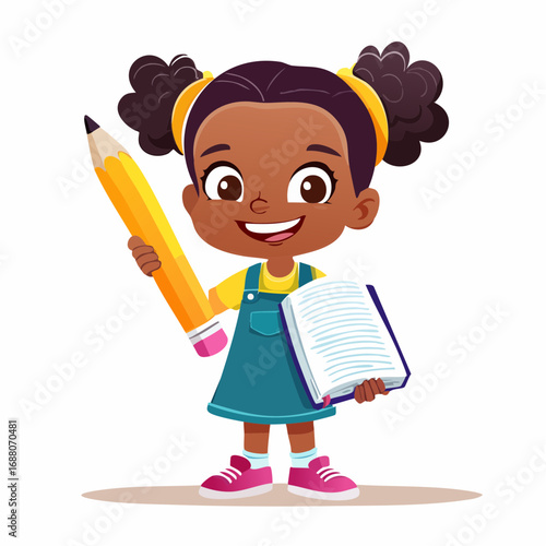 Eager Learner with Writing Materials: This cheerful cartoon illustration showcases a young girl, brimming with enthusiasm, grasping a massive pencil and a notepad.