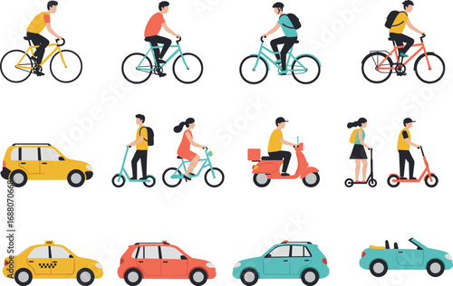 Urban transportation illustration, people riding bicycles, scooters, mopeds, cars and taxi, eco friendly city commute, modern travel vector design