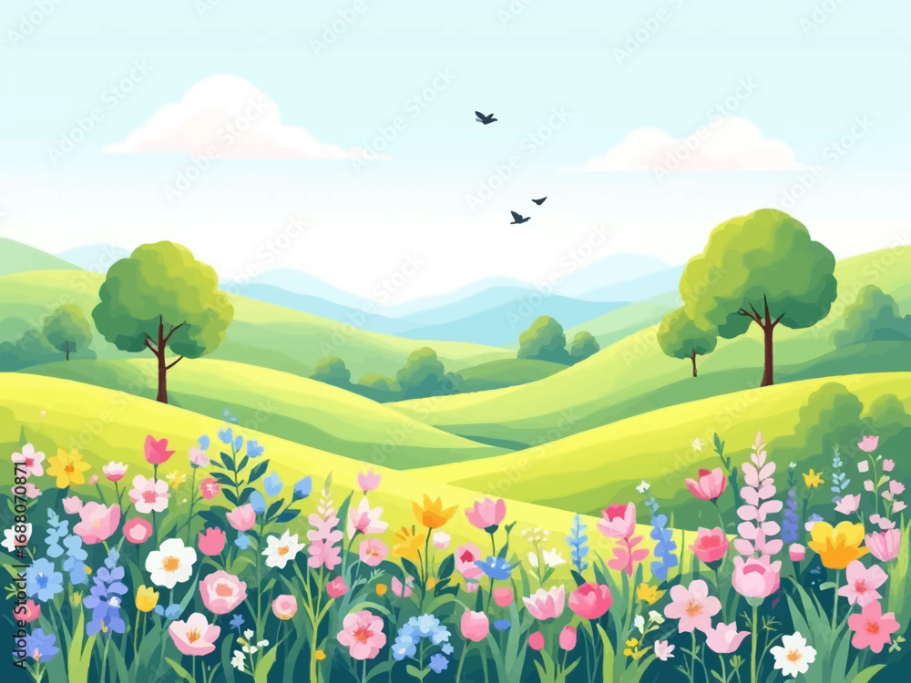 Fototapeta premium Flat vector spring illustration with green hills, colorful flowers, trees, and birds in a bright clear sky