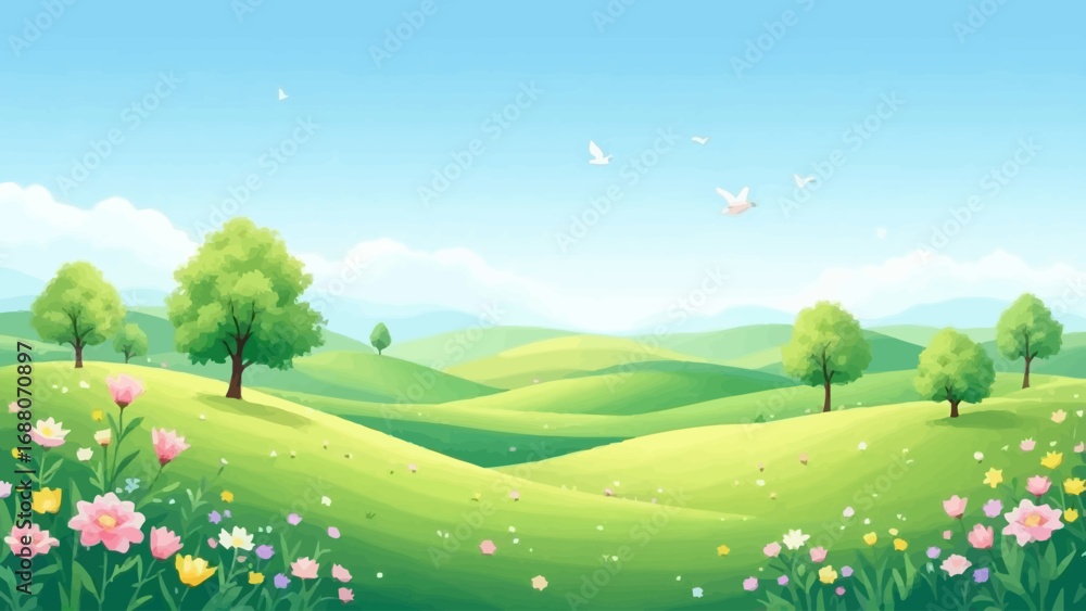 Fototapeta premium Flat vector spring illustration with green hills, colorful flowers, trees, and birds in a bright clear sky