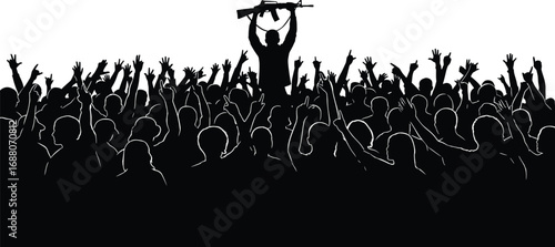 Vector silhouette illustration of a large protesting crowd with raised hands and a man holding object, symbolizing unrest or revolution