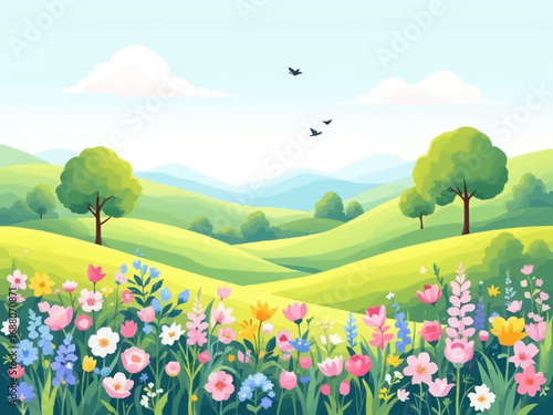 Flat vector spring illustration with green hills, colorful flowers, trees, and birds in a bright clear sky