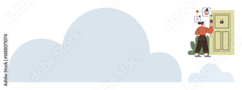 Woman interacting with biometric verification system on door, showcasing digital ID and smart lock. Ideal for technology, security, privacy, access, innovation, authentication, digital