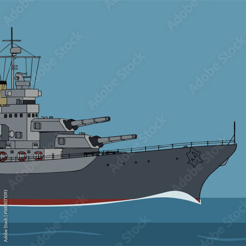 Cartoon battleship sails the sea