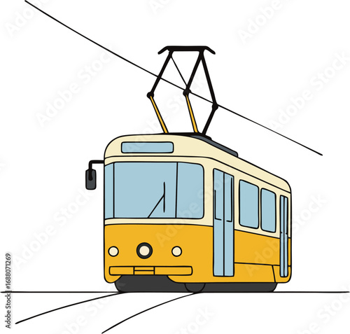 Cartoon tram glides along the tracks
