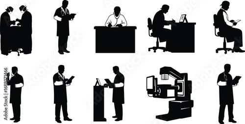 Medical professionals silhouettes, doctors and surgeons working, healthcare staff, medical equipment, hospital environment, patient care, clinical consultation, healthcare teamwork