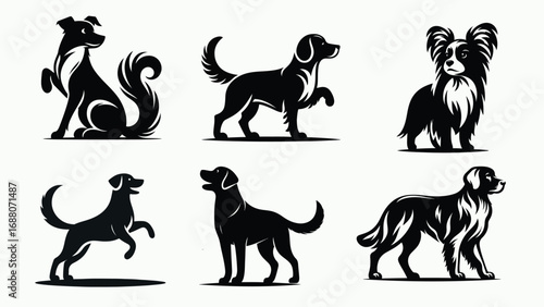 Collection of six diverse dog breed silhouettes in various poses silhouette