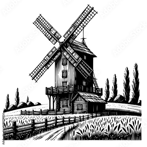 Vintage wooden windmill vector image illustration