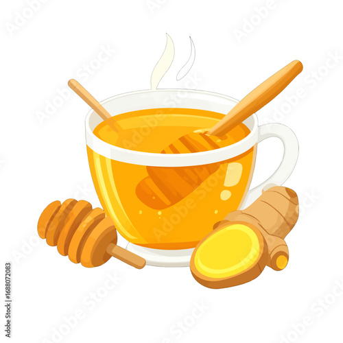 Ginger Tea in Clear Cup with Honey Dippers on White Background
